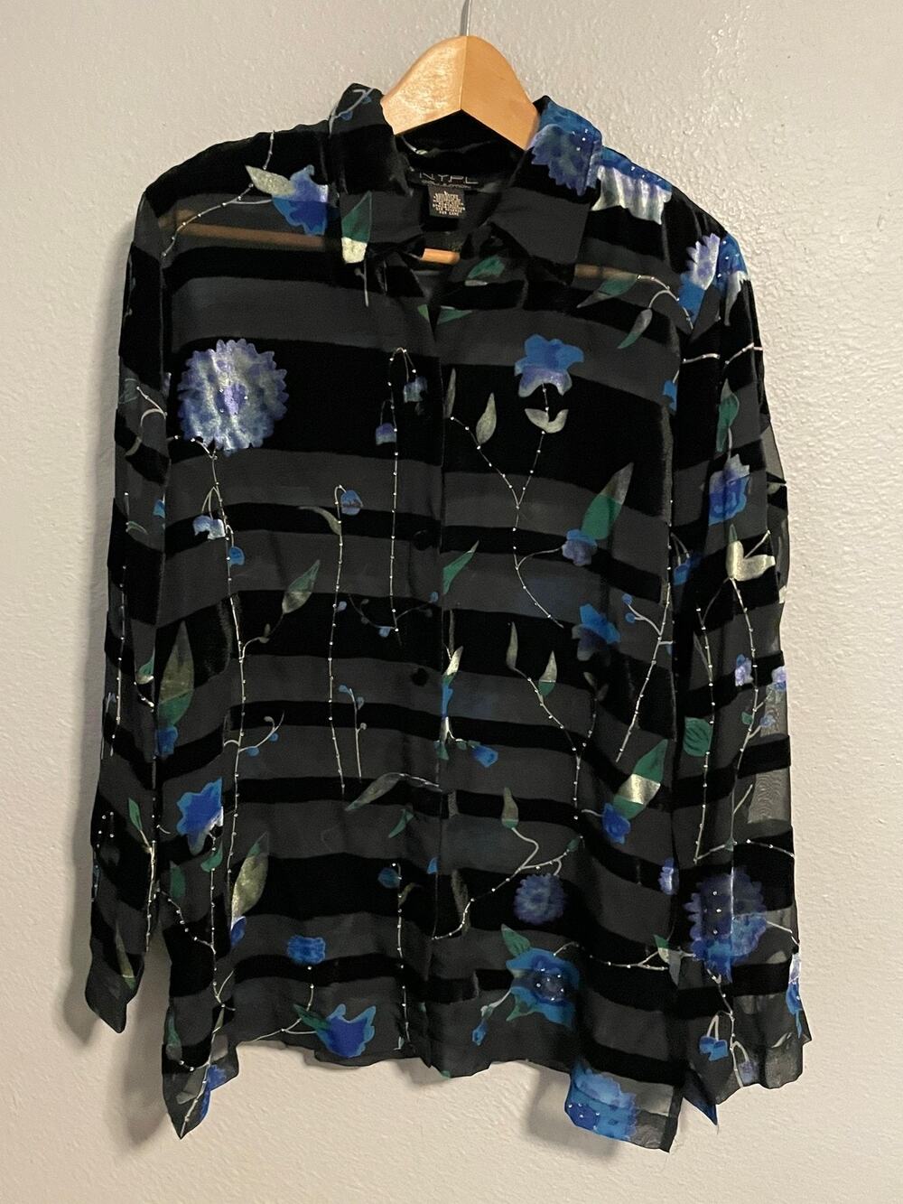 Vintage Womens Top Large Black Floral Velvet Trim Sheer Burnout Whimsigoth Y2K